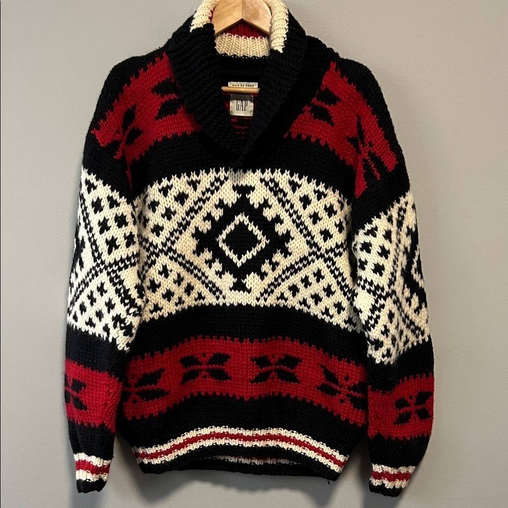 Vintage Gap Nordic Fisherman Chunky Hand Knit Coastal Wool Sweater Large